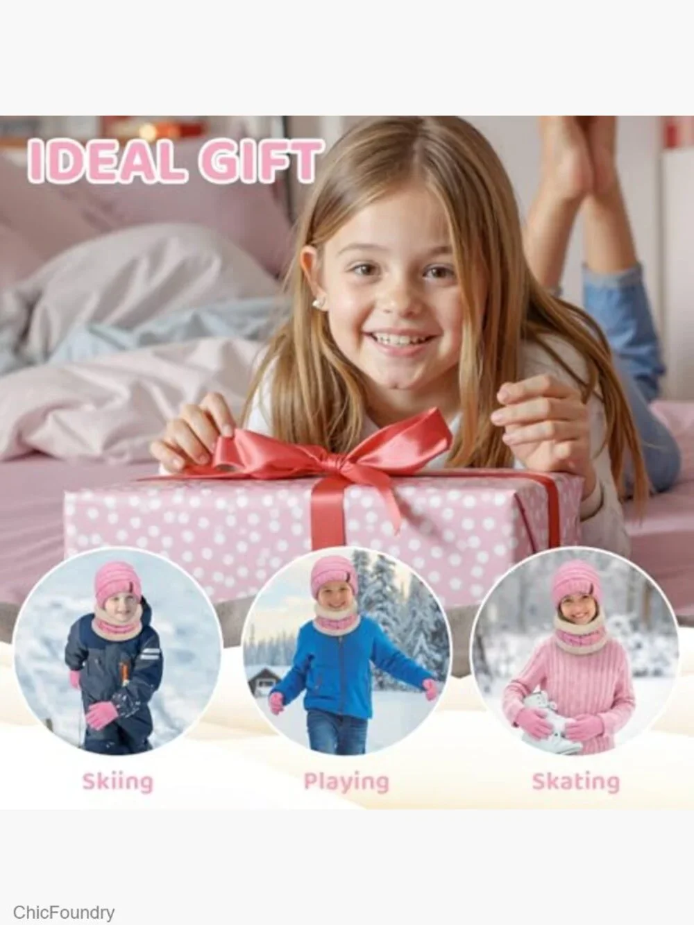 Kids Winter Hat Scarf Gloves Set Thick Knit Warm Fleece Lined Mittens
